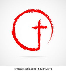 Christian cross icon in the circle. Red christian cross sign isolated on white background. Vector illustration.