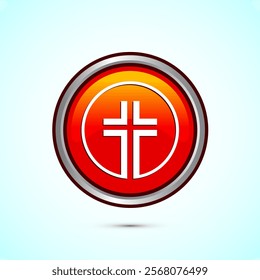 Christian cross icon design illustration, Religion sign. Holy cross logo symbol, Orange color round button design