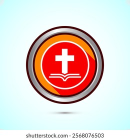 Christian cross icon design illustration, Religion sign. Holy cross logo symbol, Orange shadow button design