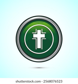 Christian cross icon design illustration, Religion sign. Holy cross logo symbol, Green color round button design