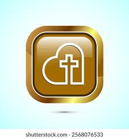 Christian cross icon design illustration, Religion sign. Holy cross logo symbol, Gold color square button design