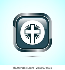 Christian cross icon design illustration, Religion sign. Holy cross logo symbol, Gray color square button design