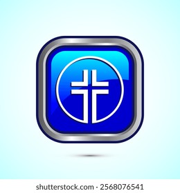 Christian cross icon design illustration, Religion sign. Holy cross logo symbol, Blue color square button design