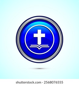 Christian cross icon design illustration, Religion sign. Holy cross logo symbol, Blue color round button design