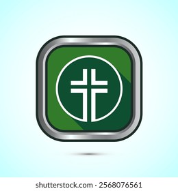 Christian cross icon design illustration, Religion sign. Holy cross logo symbol, Green shadow button design 