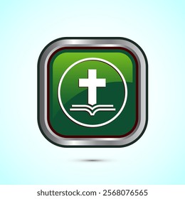 Christian cross icon design illustration, Religion sign. Holy cross logo symbol, Green color square button design