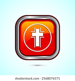 Christian cross icon design illustration, Religion sign. Holy cross logo symbol, Orange color square button design