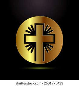 Christian cross icon design illustration, Religion sign. Holy cross logo symbol in gold color style