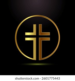 Christian cross icon design illustration, Religion sign. Holy cross logo symbol in gold color style