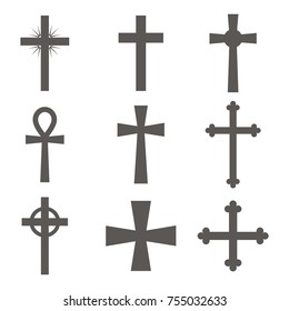 Christian cross icon in flat design. Set of Christian crosses on white background. Vector illustration.