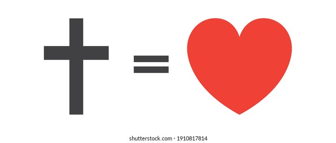 Christian cross icon in the heart. Black Christian cross sign, red heart isolated on white background. Vector illustration.