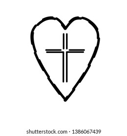 Christian cross icon in the heart inside. Black christian cross sign isolated on light background. Vector illustration. 