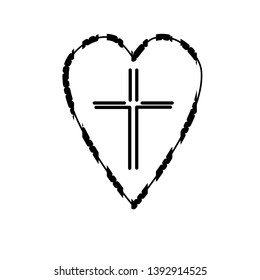 Christian cross icon in the heart inside. Black christian cross sign isolated on light background. Vector illustration. 