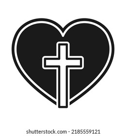 Christian cross icon in the heart inside icon. Black christian cross Vector symbol illustration