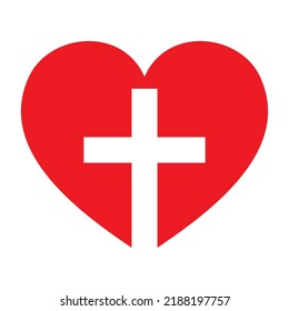 Christian cross icon in the heart inside icon. Red christian cross Vector symbol illustration