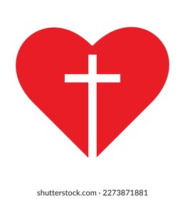 Christian cross icon in the heart inside. Jesus love symbol. God vector illustration. Catholic symbol flat vector, cross inside heart.
Symbol of Christian cross inside heart shape.