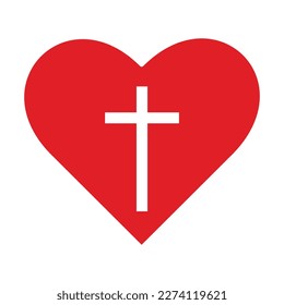 Christian cross icon in the heart inside. Jesus love symbol. God vector illustration. Catholic symbol flat vector, cross inside heart.
Symbol of Christian cross inside heart shape.