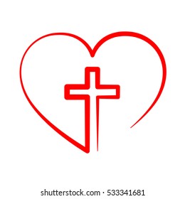 Christian cross icon in the heart inside. Red christian cross sign isolated on white background. Vector illustration. Christian symbol.
