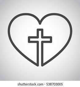 Christian cross icon in the heart inside. Black christian cross sign isolated on light background. Vector illustration. Christian symbol.