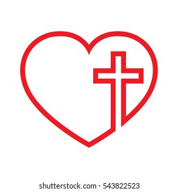 Christian cross icon in the heart inside. Red christian cross sign isolated on white background. Vector illustration. Christian symbol.