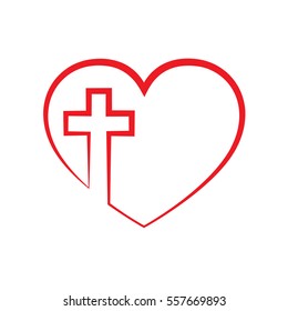 Christian cross icon in the heart inside. Red christian cross sign isolated on white background. Vector illustration. Christian symbol.