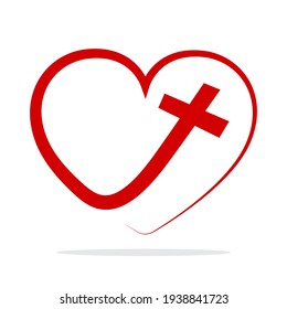 Christian cross icon in heart shape. Isolated religion symbol. Vector illustration. Love concept