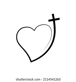 Christian cross icon in heart shape. Abstract religious symbol. Vector illustration. Love concept