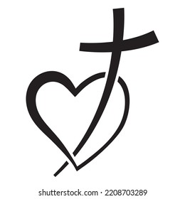 Christian cross icon in heart shape. Abstract religious symbol. Vector illustration. Love concept.