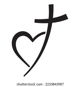 Christian cross icon and heart shape. Abstract religious symbol. Vector illustration. Love of God concept.