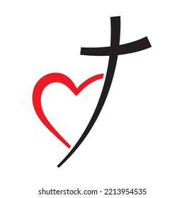 Christian cross icon and heart shape. Abstract religious symbol. Vector illustration. Love of God concept.