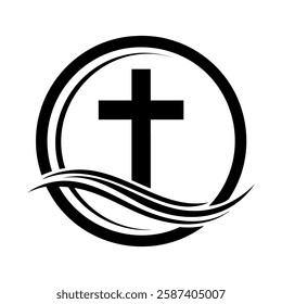 Christian cross icon. Christian cross inside circular frame with wave design. Church symbol. Vector illustration