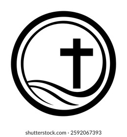 Christian cross icon. Christian cross inside circular frame with wave design. Church symbol. Vector illustration