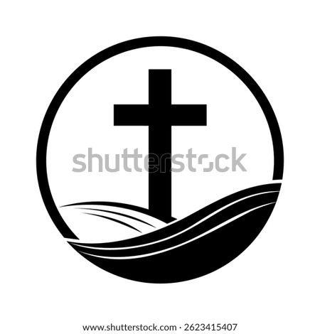 Christian cross icon. Christian cross inside circular frame with wave design. Church symbol. Vector illustration