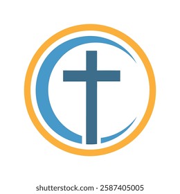 Christian cross icon. Modern logo featuring a Christian cross inside a circle. Church symbol. Vector illustration