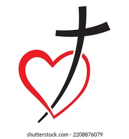 Christian cross icon in red heart shape. Abstract religious symbol. Vector illustration. Love concept.