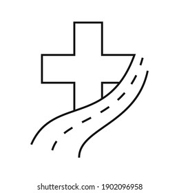 Christian cross icon with road icon. Vector illustration. Travel conceptual icon. Christian cross icon in flat linear design