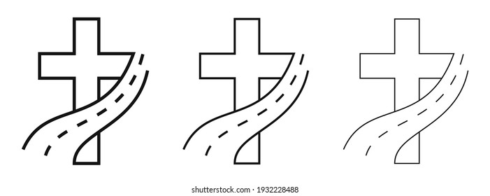 Christian cross icon with road icon. Vector illustration. Travel conceptual icons set. Christian cross icon in flat linear design