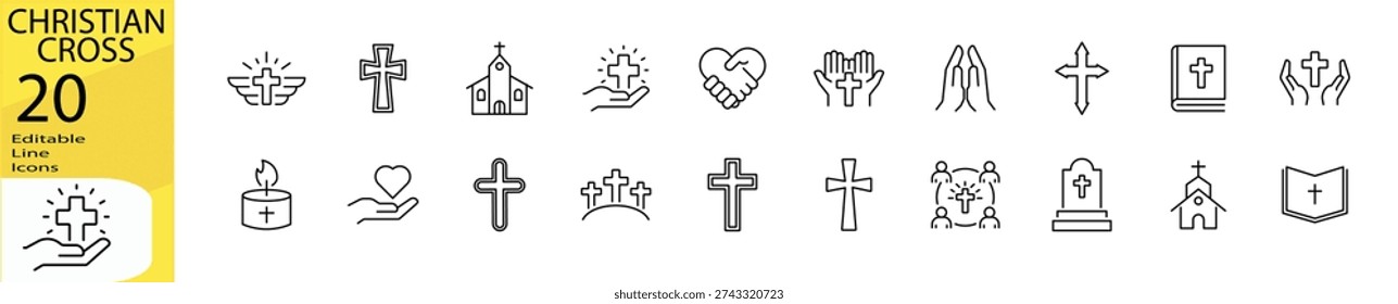 Christian Cross icon set. Editable stroke.