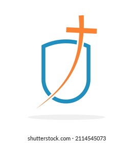 Christian cross icon in shield shape. Abstract religious symbol. Vector illustration. Security concept