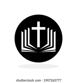 Christian cross icon. Vector christian cross. Black religion logo. Vector illustration. Christian church logo with book sign