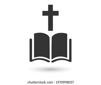 Christian cross icon. Vector christian cross. Black religion logo. Vector illustration. Christian church logo with book sign