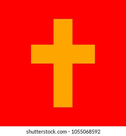 Christian cross icon. Vector. Orange icon with white holes if exist at red background. Isolated.