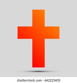 Christian cross icon. Vector. Orange, red-yellow icon with shadow on gray background.