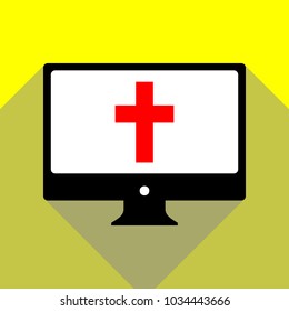 Christian cross icon. Vector. Red icon on white monitor of black all-in-one desktop computer with two shadows at yellow background.