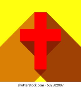 Christian cross icon. Vector. Red icon with two flat reddish shadows on yellow background.