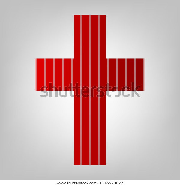 Christian cross icon. Vector. Vertically divided\
icon with colors from reddish gradient in gray background with\
light in center.