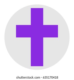 Christian cross icon. Vector. Violet flat icon on light gray circle at white background. Isolated.