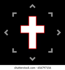 Christian cross icon. Vector. White icon in gray focus like mandala on black background.