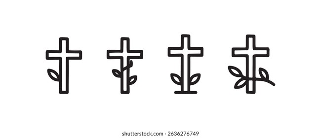 Christian cross icons with leaf designs on white background.
