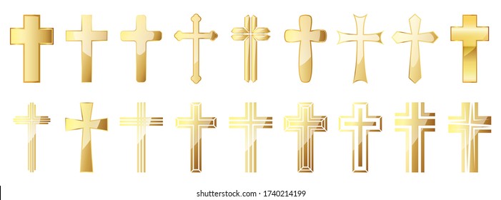 Christian Cross icons set. Gold christian cross icon isolated. Vector illustration. Golden religion cross